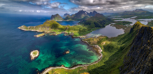 View From Offersoykammen Mountain Over Coastal Landscape On Lofoten Islands In Norway