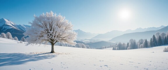 A serene winter landscape featuring a solitary, frost-covered tree against a backdrop of snow-capped mountains under a bright blue sky.