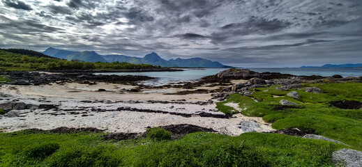Arnessan Beach And Coastal Landscape With Fjord On Lofoten Islands In Norway