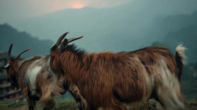 Footage of heritage caprine goats navigating a natural hillside terrain showcasing conservation practices for endangered goat breeds.