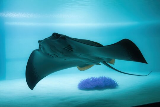 A graceful stingray glides through the vibrant blue waters of an aquarium exhibit - Powered by Adobe