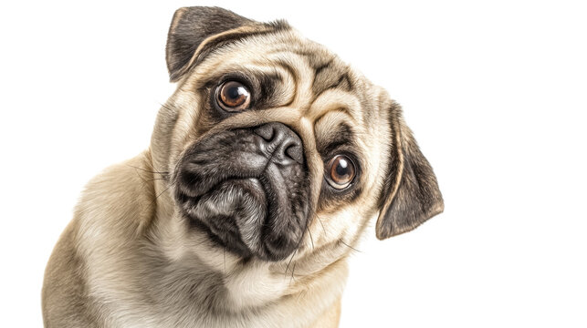 Adorable beige pug dog looking curious with tilted head.

