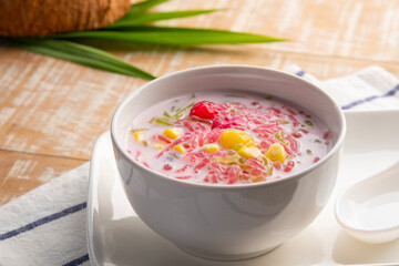 Thai iced dessert (Ruam Mit),Popular Thai Fruit Dessert in Coconut Milk in white bowl.