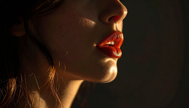 Secrets linger as whistleblower voice emerges softly from red lips in warm sunlight, evoking mystery and emotion