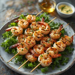Grilled shrimp skewers with garlic butter, served on a bed of greens.