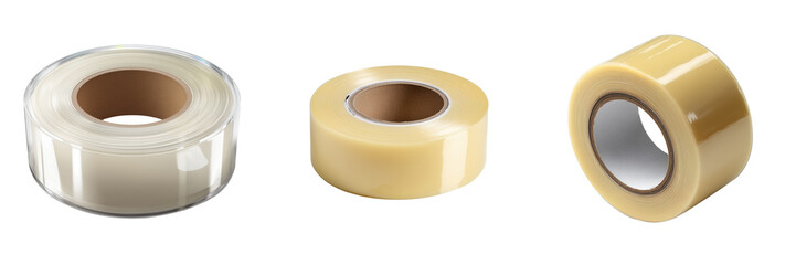 Three rolls of adhesive tape clear and tan colored with cardboard cores isolated on a transparent background