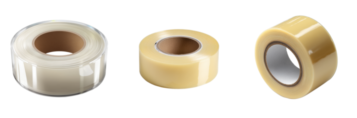 Three rolls of adhesive tape clear and tan colored with cardboard cores isolated on a transparent background