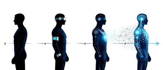 Human silhouette evolving into a high tech cyborg with wearable gadgets, neural implants and glowing brain network, symbolizing future biohacking, transhumanism and human machine integration.