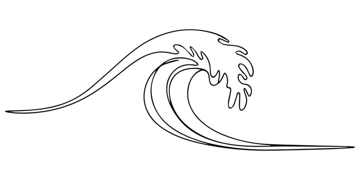 Ocean wave continuous one line drawing outline  vector illustration.Pro vector, Continuous one line drawing of big ocean wave with graph peaks representing market tsunami or fluid dynamics, water spla