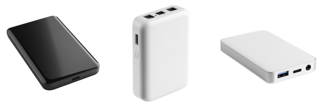 Three portable power bank devices in black and white isolated on a transparent background charger battery
