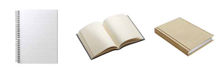 Three different notebooks shown in a row isolated on a transparent background writing