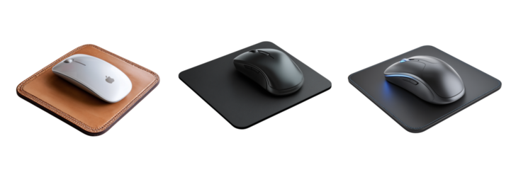 Three computer mice on square mousepads with white and black colors isolated on a transparent background