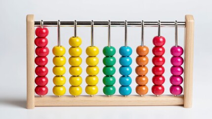 Close-up of a colorful abacus with wooden frame and brightly colored beads on metal rods, set against a white background
