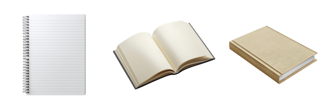 Three different notebooks shown in a row isolated on a transparent background writing - Powered by Adobe