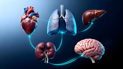 3D illustration of human vital organs including heart, lungs, liver, kidneys and brain connected by glowing lines, symbolizing anatomy, medical diagnostics and complex body systems.