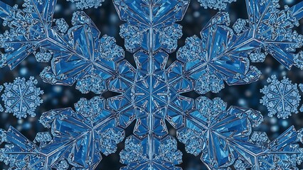 Macro photography close up of a detailed blue snowflake showing its crystalline structure and intricate patterns on a dark background