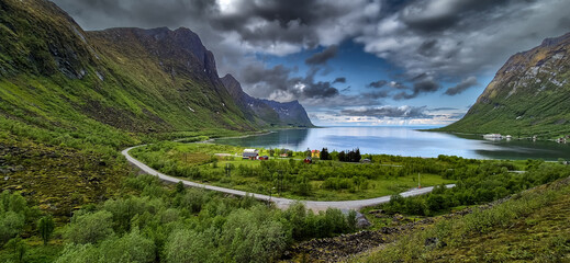 View Over Fjord With Cottages From Bergsbotn Viewing Platform On Senja Island In Norway