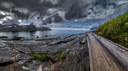Viewpoint Tungeneset With Fjord, Mountains And Spectacular Bridge On Senja Island In Norway © grafxart