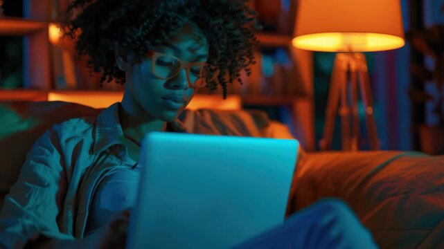 A young woman with curly hair is sitting on a couch and using her laptop. She appears focused and engaged in whatever she is doing on the screen.