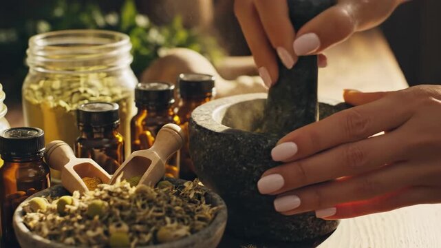 Natural Remedies Preparation - Grinding Herbs for Holistic Wellness and Traditional Medicine.