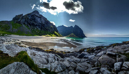 Kvalvika Sand Beach With Mountains And Ocean On Lofoten Islands In Norway