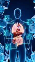 Futuristic 3D anatomy concept showing transparent human body with highlighted internal organs and digital medical dashboards, symbolizing diagnostics, health monitoring and body systems.