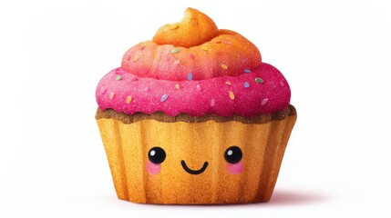 A cute, illustrated cupcake with a smiling face, pink frosting with sprinkles, and orange swirl on top. It's in a paper cup