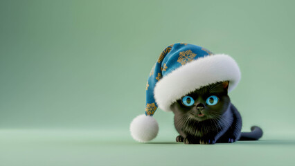 A small dark kitten in a festive hat against a green background. Studio shot with bright blue eyes and soft textures in side lighting.