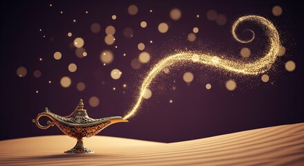 Golden lamp emitting magical sparkles in desert