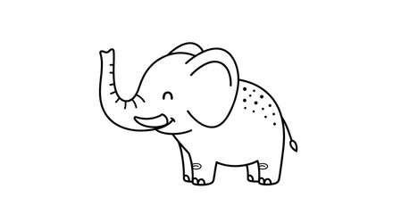 Fototapeta premium Simple cartoon elephant outline drawing with its trunk raised up for a happy pose for children coloring book exercises and fun art.