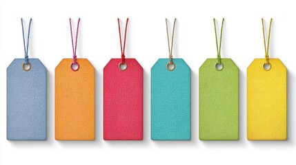 Colorful, blank price tags of various hues, each with a string for hanging, arranged in a row against a white backdrop