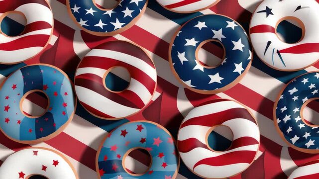 A colorful display of donuts decorated like the American flag, featuring red, white, blue icing patterns.