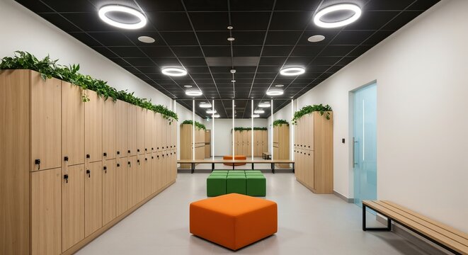 Modern office locker room with wooden lockers and colorful ottomans