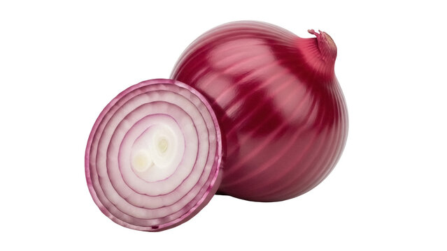 Isolated sliced red onion and whole bulb, food ingredient for cooking, healthy eating