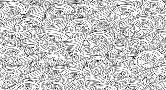 Detailed black and white wave pattern illustration featuring intricate swirling lines and curls reminiscent of traditional japanese ocean waves.
