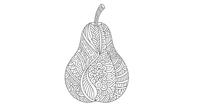 Intricate zentangle pear illustration with complex floral and geometric patterns in black line art for coloring books or decorative purposes.