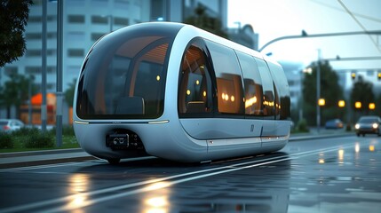 Sleek autonomous pod on city street reflecting innovation and futuristic design concept