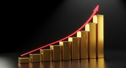 Golden business graph showing significant growth with red arrow