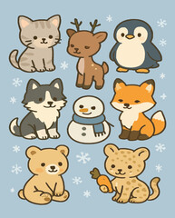 Naklejka premium A cute vector cartoon set of funny baby farm and zoo animals, including a cat, dog, cow, bear, lion, rabbit, tiger, horse, pig, elephant, and sheep