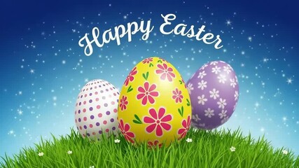 Happy Easter greeting card with colorful patterned eggs on grass under a starry sky