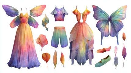 Illustration of fantasy fashion designs, dresses, tops, pants, wings, and accessories with rainbow hues