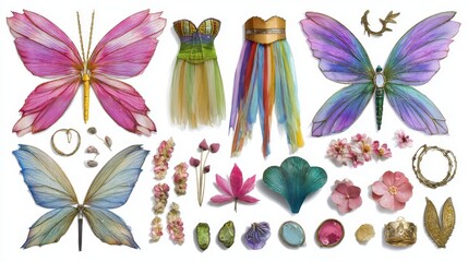 Assortment of whimsical watercolor artwork. Features multiple butterfly wings, garments, decorative elements, and floral arrangements