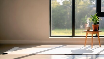 Serene Sunny Room with Yoga Mat for Relaxation and Wellness Practices at Home
