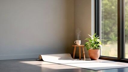 Inviting home yoga space bathed in natural light, ready for a calm morning wellness routine