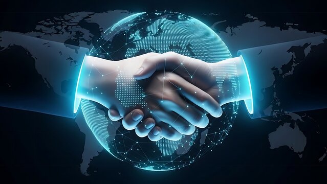 Global business partnership handshake with glowing blue connections - Powered by Adobe