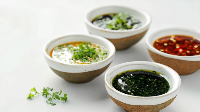 A collection of flavored oils and condiments displayed in round white ceramic bowls with wooden handles, arranged on a neutral-colored tablecloth.