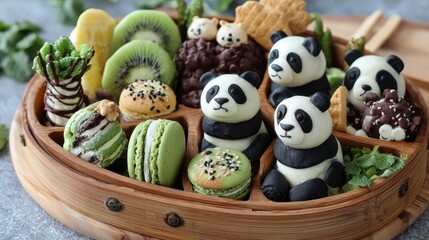 A decorative wooden platter features edible panda-themed treats. Green and yellow fruits, cookies, and macarons enhance the presentation