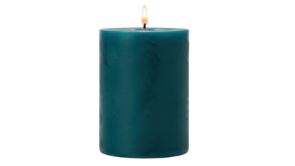 Isolated teal cylindrical candle with a flame burns illuminating, no background object, teal