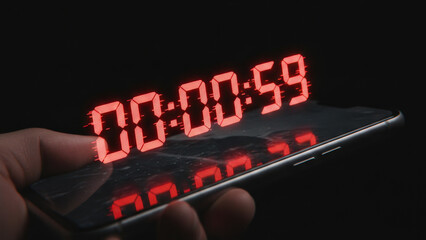 Countdown red digital timer smartphone hand dark reflection urgent countdown red digital timer smartphone screen held by hand dark moody light