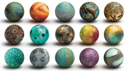 Fifteen spheres, each with a unique textured surface, arranged in three rows, showcasing diverse colors and patterns on a white background